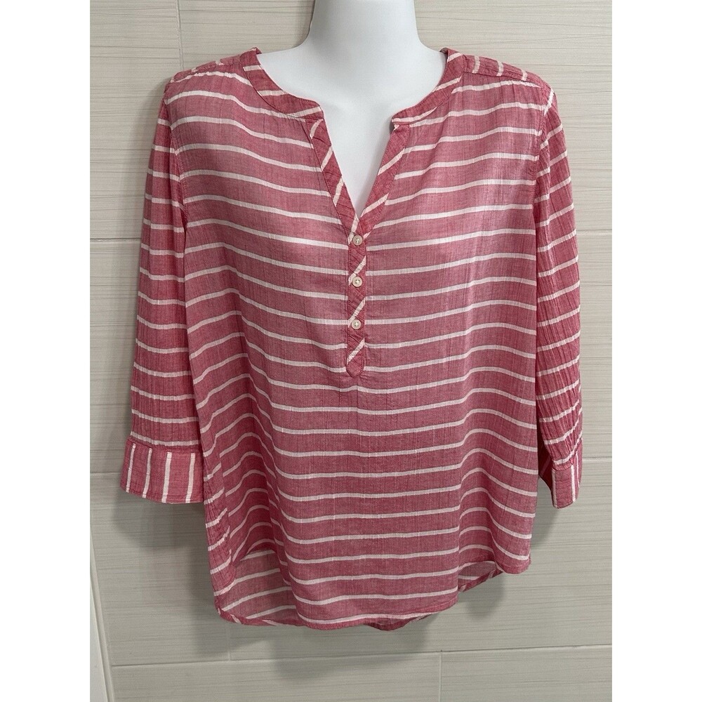 St. John’s Bay 3/4 Sleeve Crinkle Pink White Stripe Cotton Popover M, Breezy